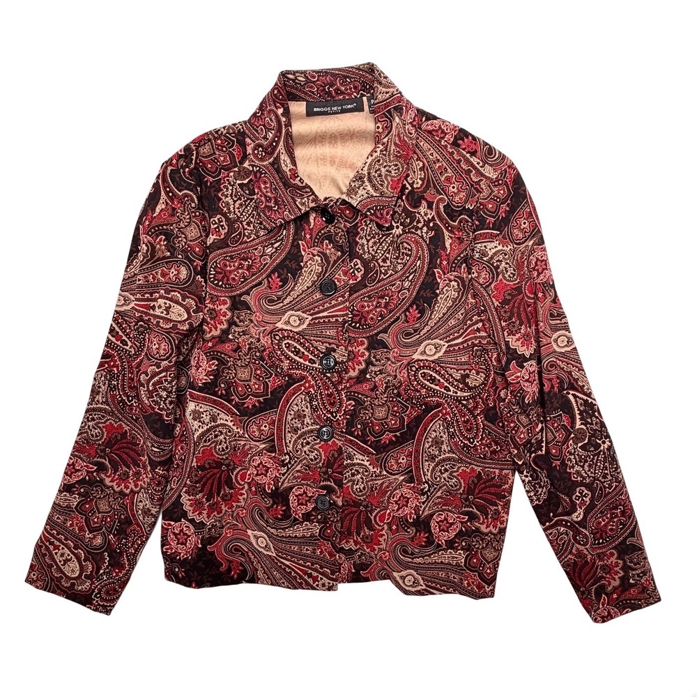 Vintage Boho Red Paisley Tapestry Button Down Long Sleeve Women Large Top Office